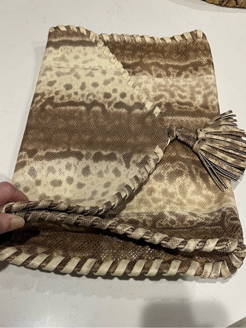 Vintage Christiansen Python Snakeskin Patchwork Tassel Clutch 1970s 80s